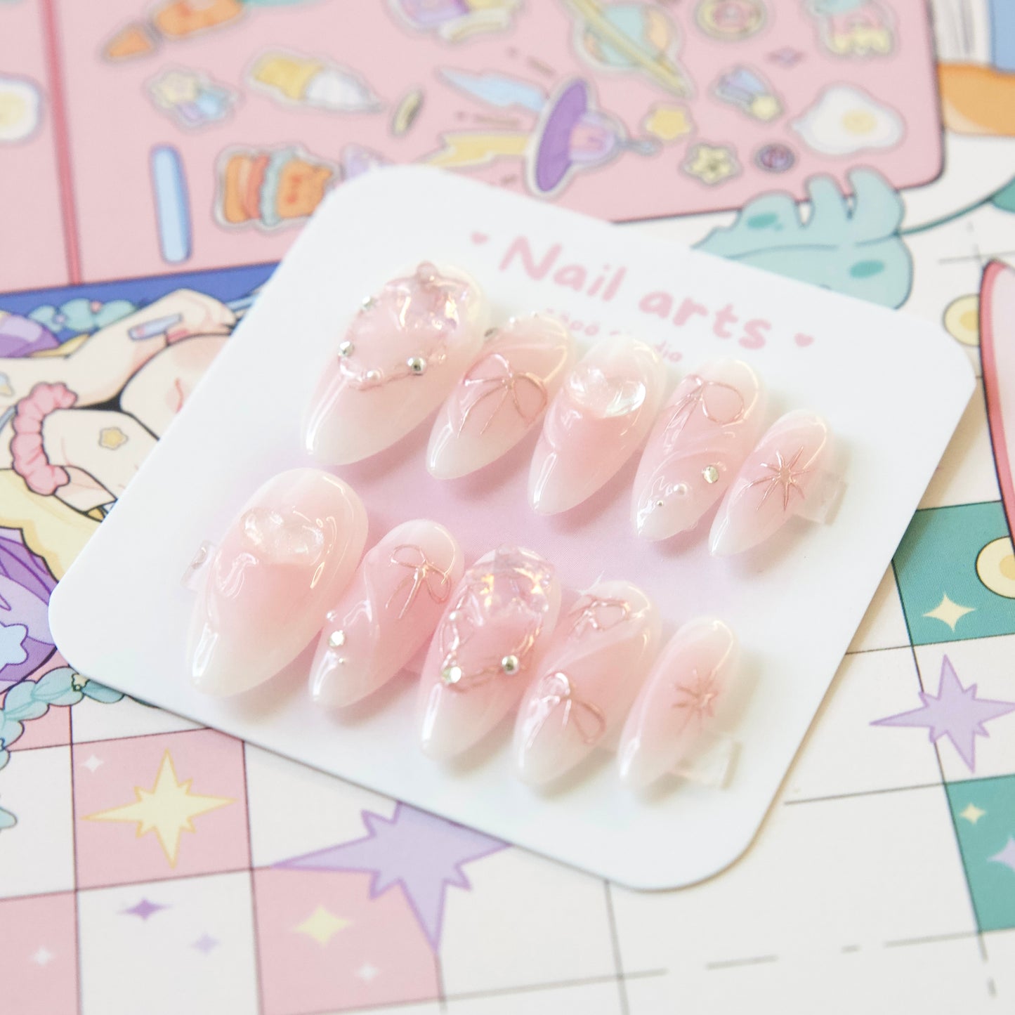 Petit Ribbon Gradient Pink Metallic 3D Gel Handmade Press-on Nails