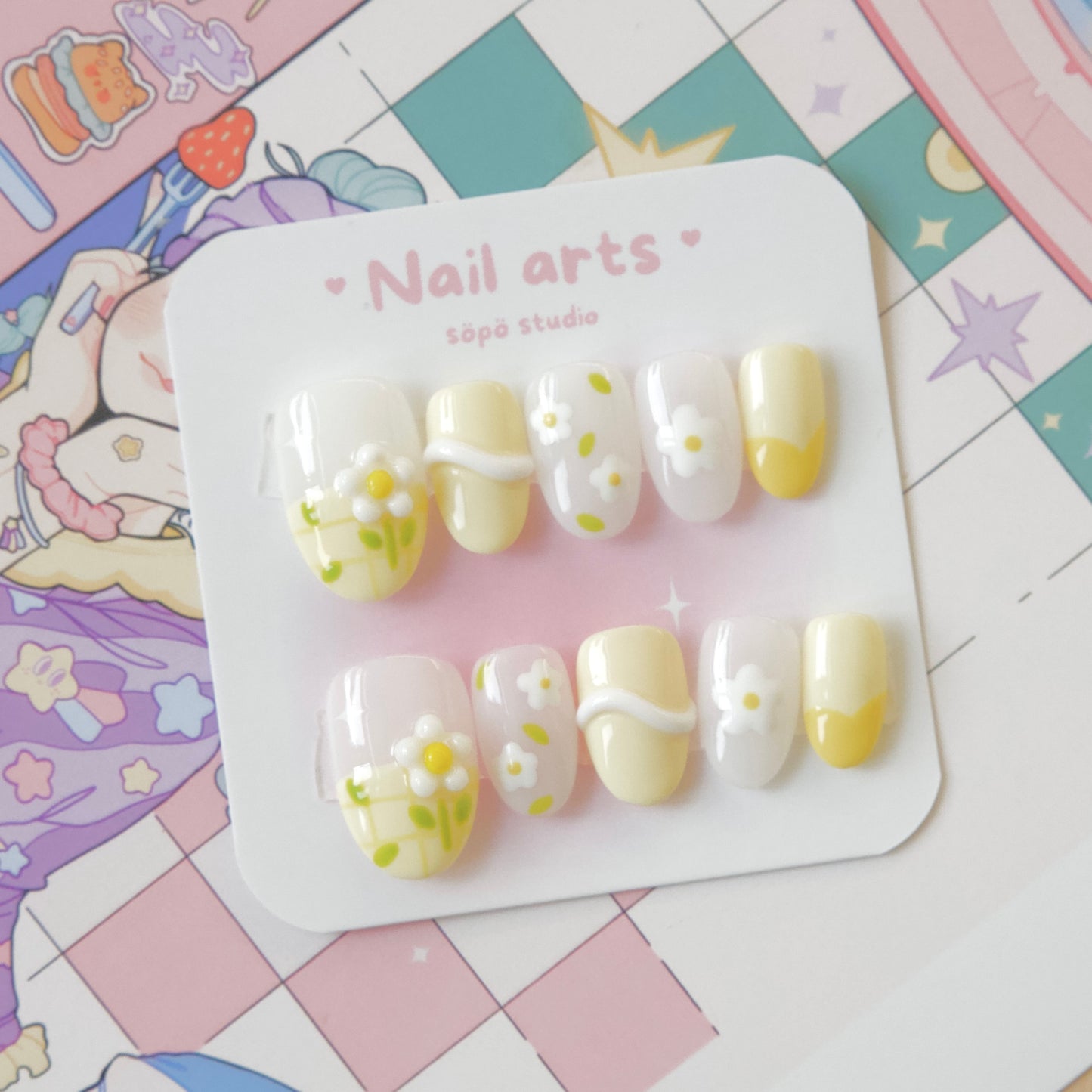 Daily Short Nails Daisy Garden Hand Draw Handmade Press-on Nails
