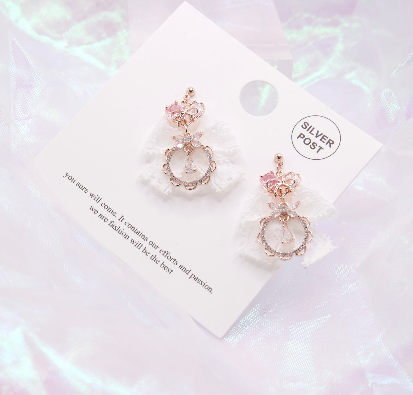 Cute Pink Heart Laced Ribbon Dangle Korean Earrings