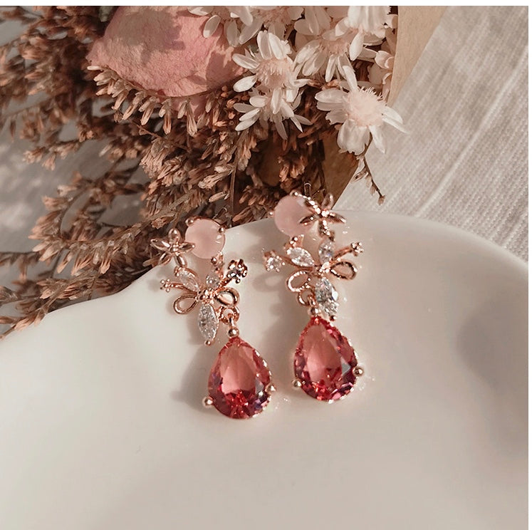 Korean Magical Flower Blossom Crystal Drop Dainty Earrings