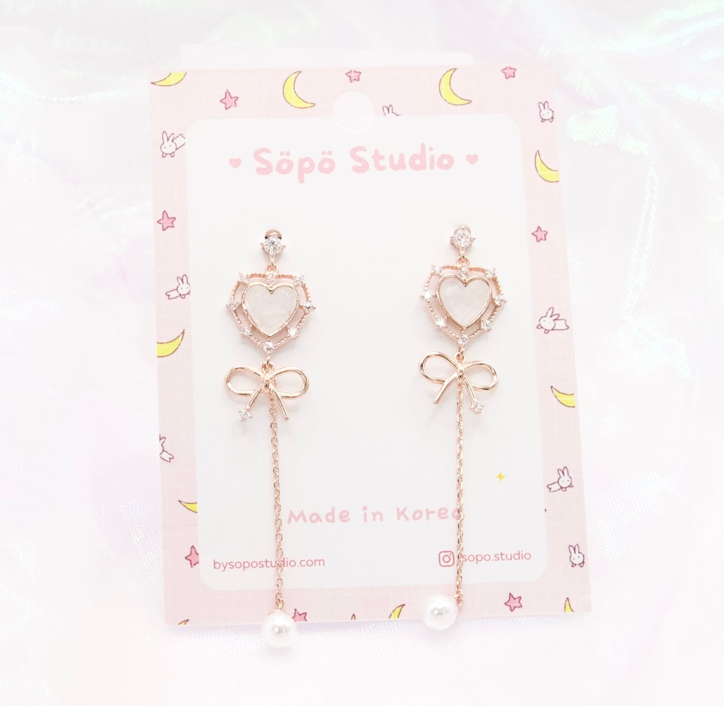 Kawaii Heart Ribbon Rose Gold Dangle Korean Dainty Style Earrings