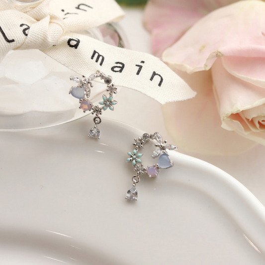 Heart Flower Pastel Blue Elegant Studs Korean Earrings