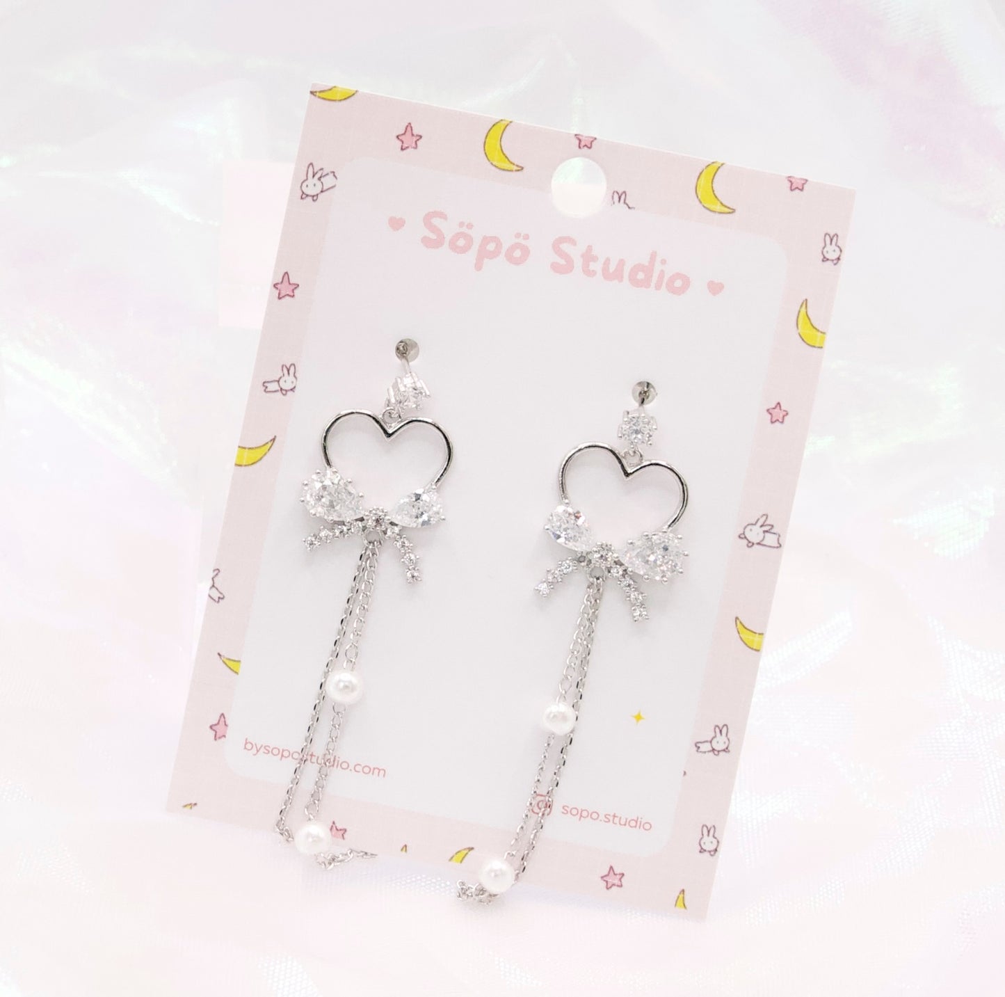 Kawaii Heart Crystal Ribbon Dangle Korean Dainty Style Earrings
