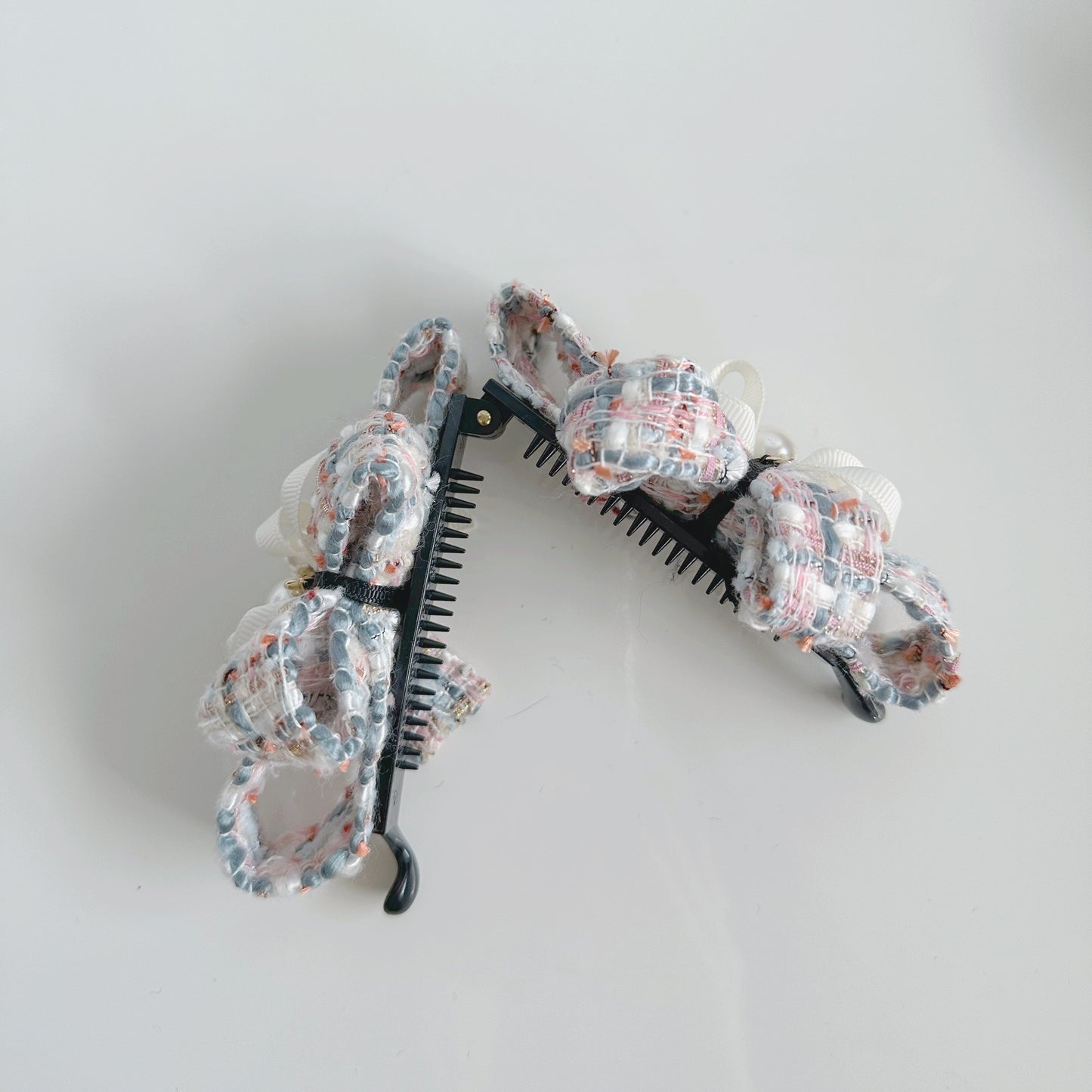 Tweed Elegant Cute Barrette Bow Pearl Drop Design Hair Clips