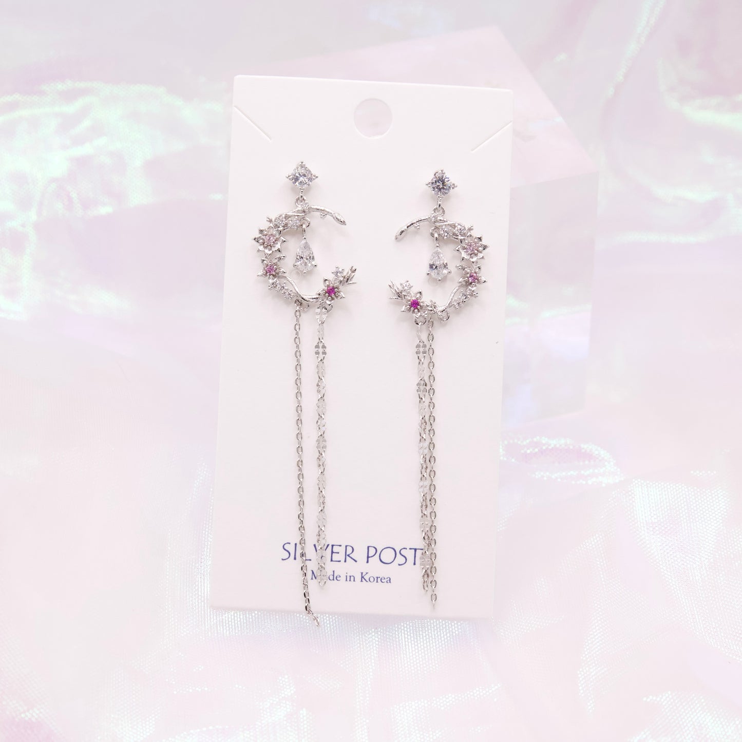 Crescent Moon Dangle Chain Drop Silver Post Earrings