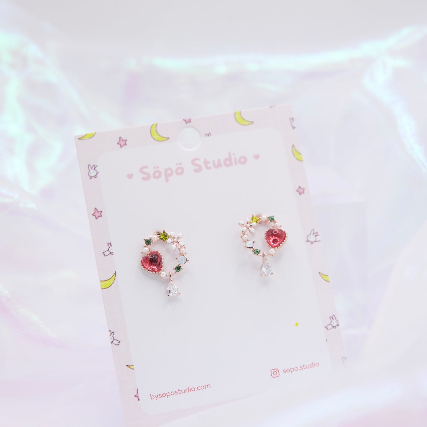 Fairy Garden Flower Wreath Red Heart Studs Earrings