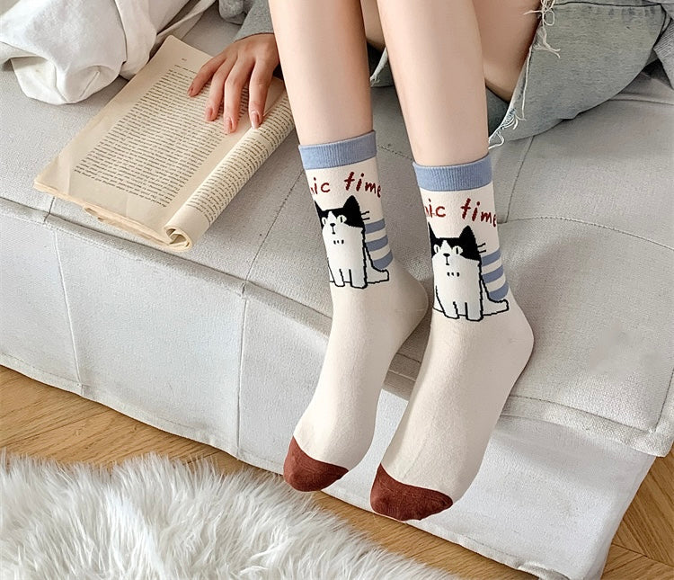 Cute Illustration Cat Bunny High Collar Socks