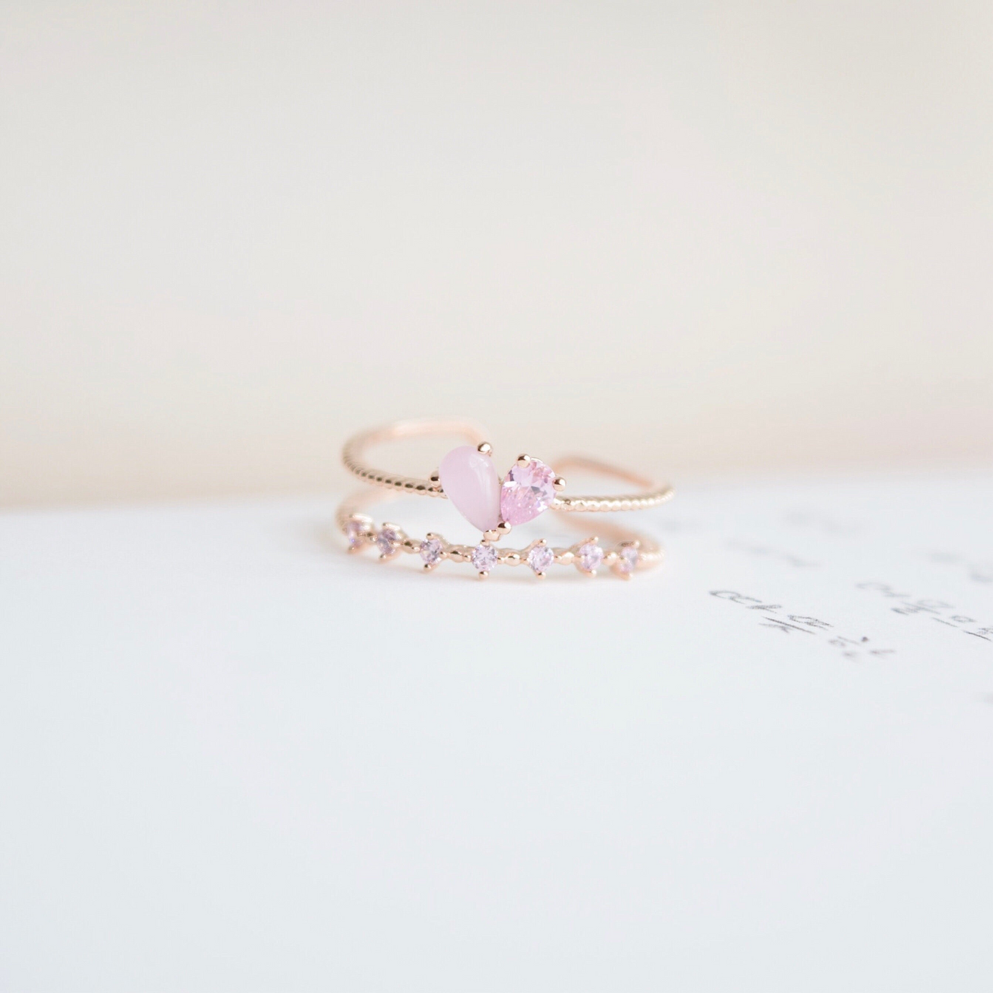 Pink Crystal Heart Layered Adjustable Cute Rings
