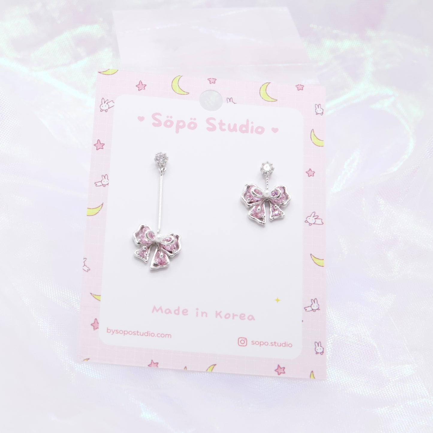 Mis-matched Pastel Pink Ribbon Korean Earrings