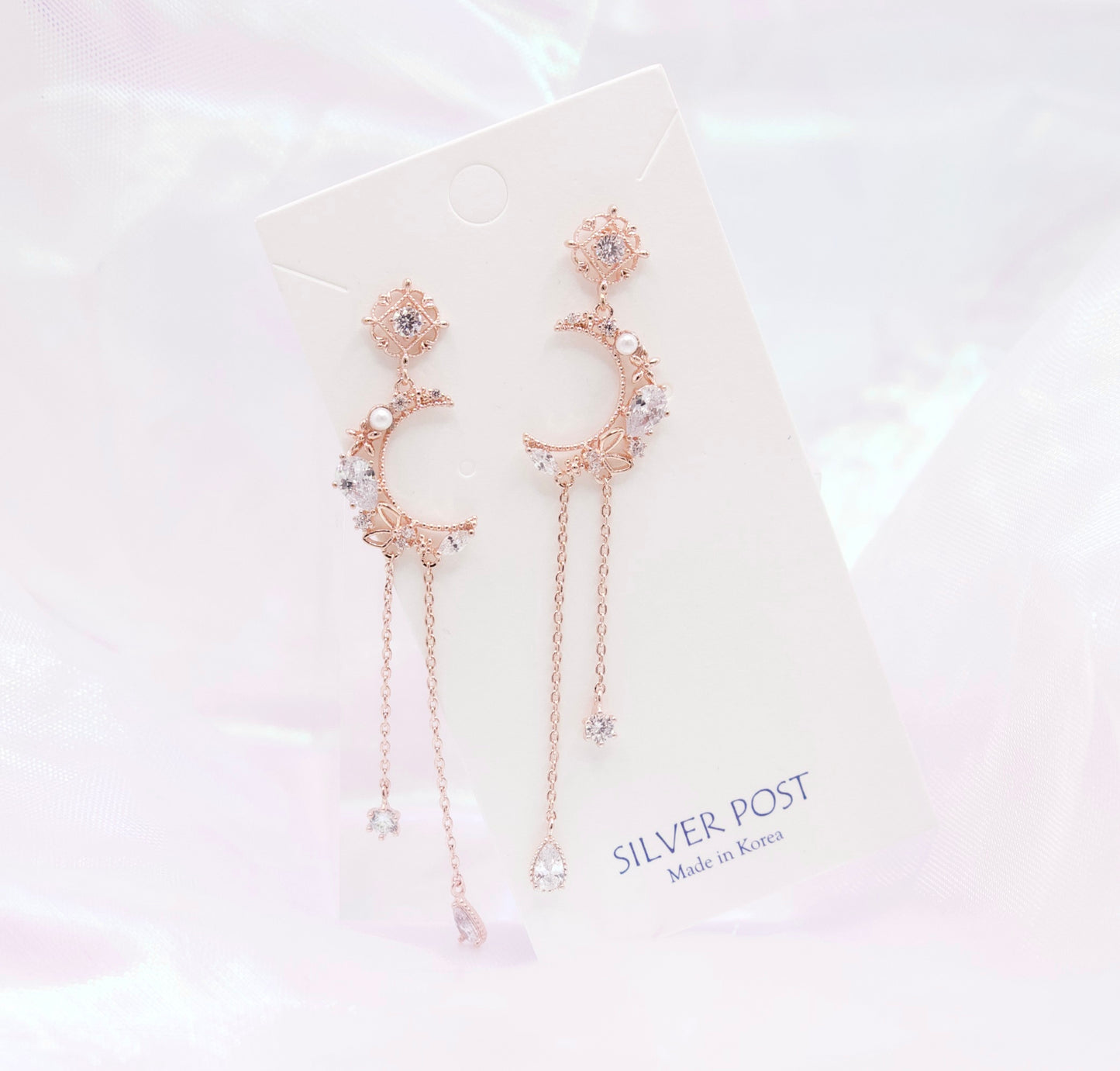 Korean Crescent Moon Crystal Drop Dangle Earrings