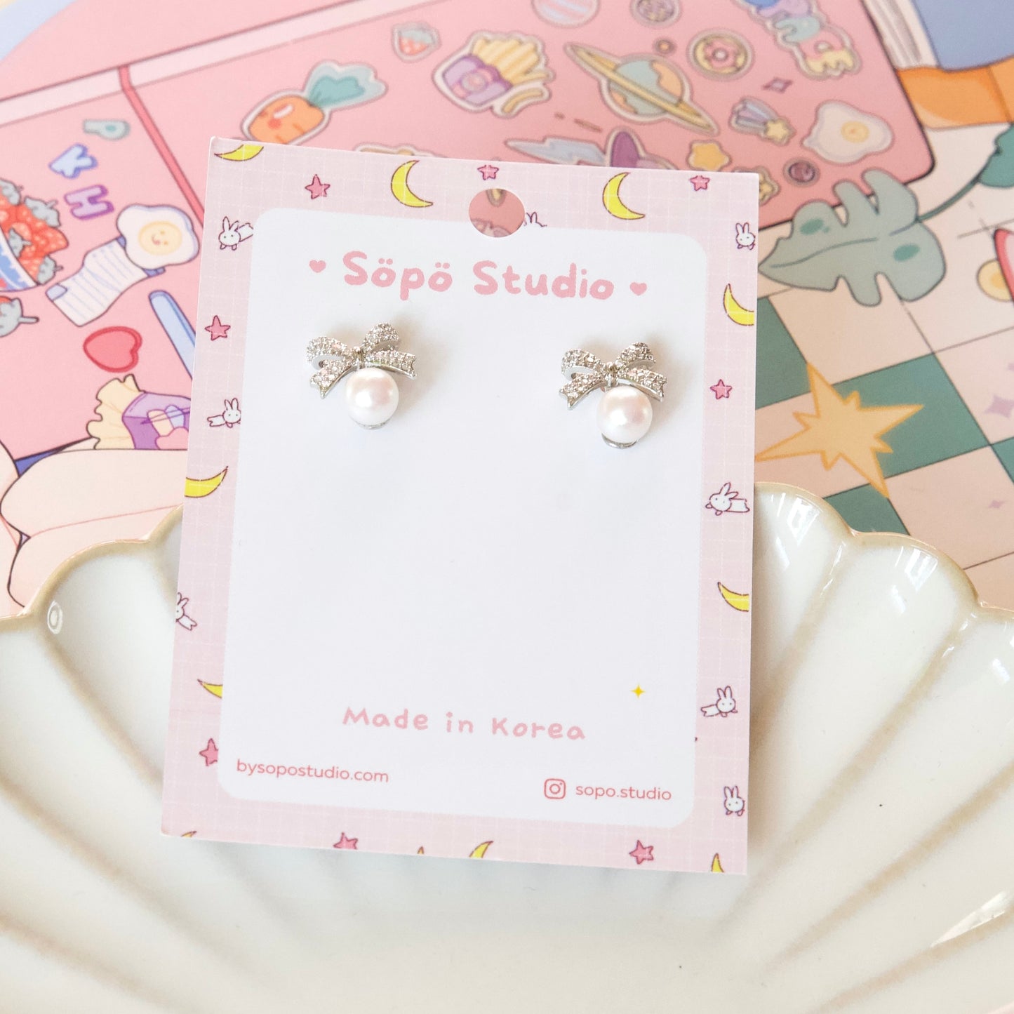 Ribbon Pearl Studs Elegant Bridal Korean Earrings
