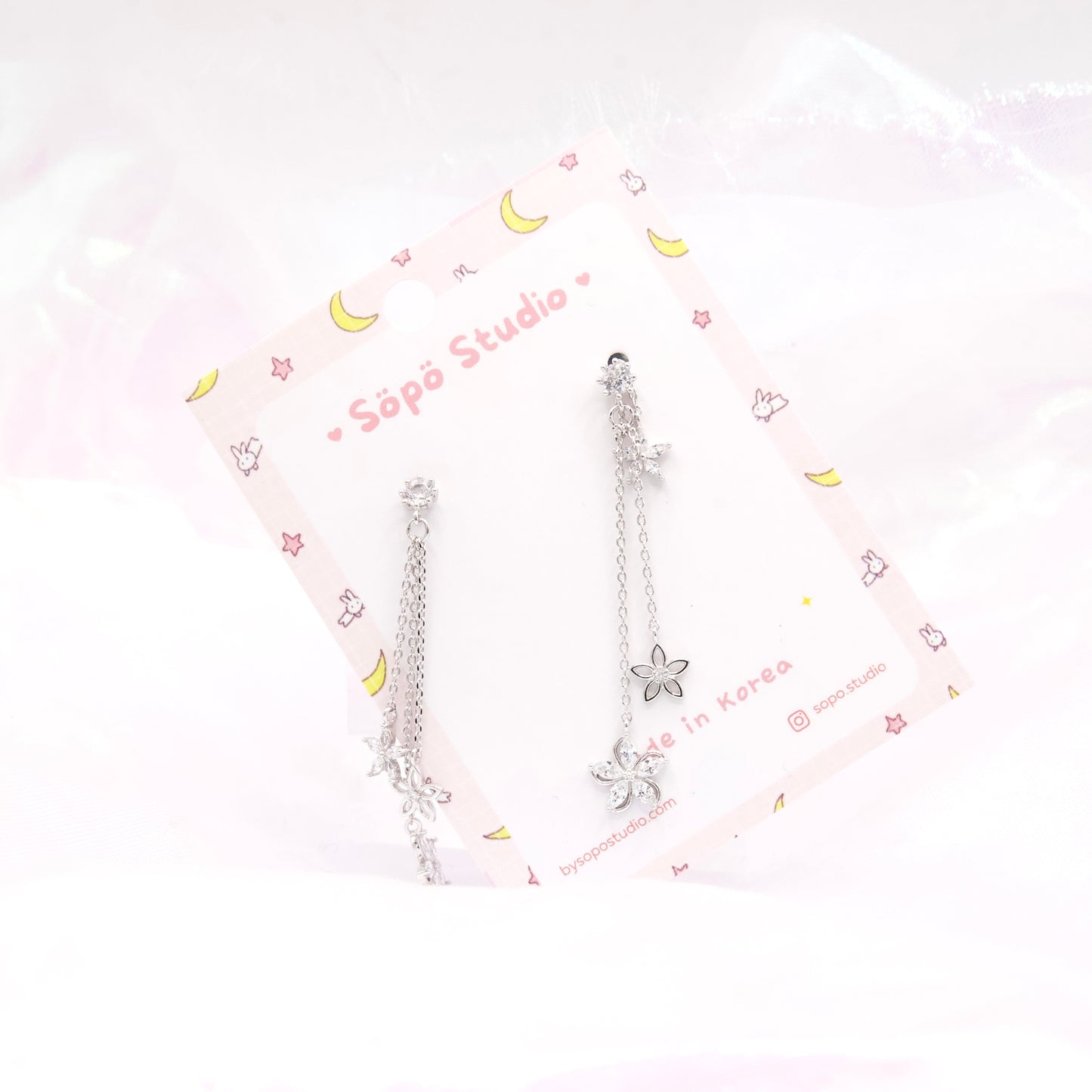 Crystal Flower Triple Chain Drop Dangle Korean Dainty Style Earrings