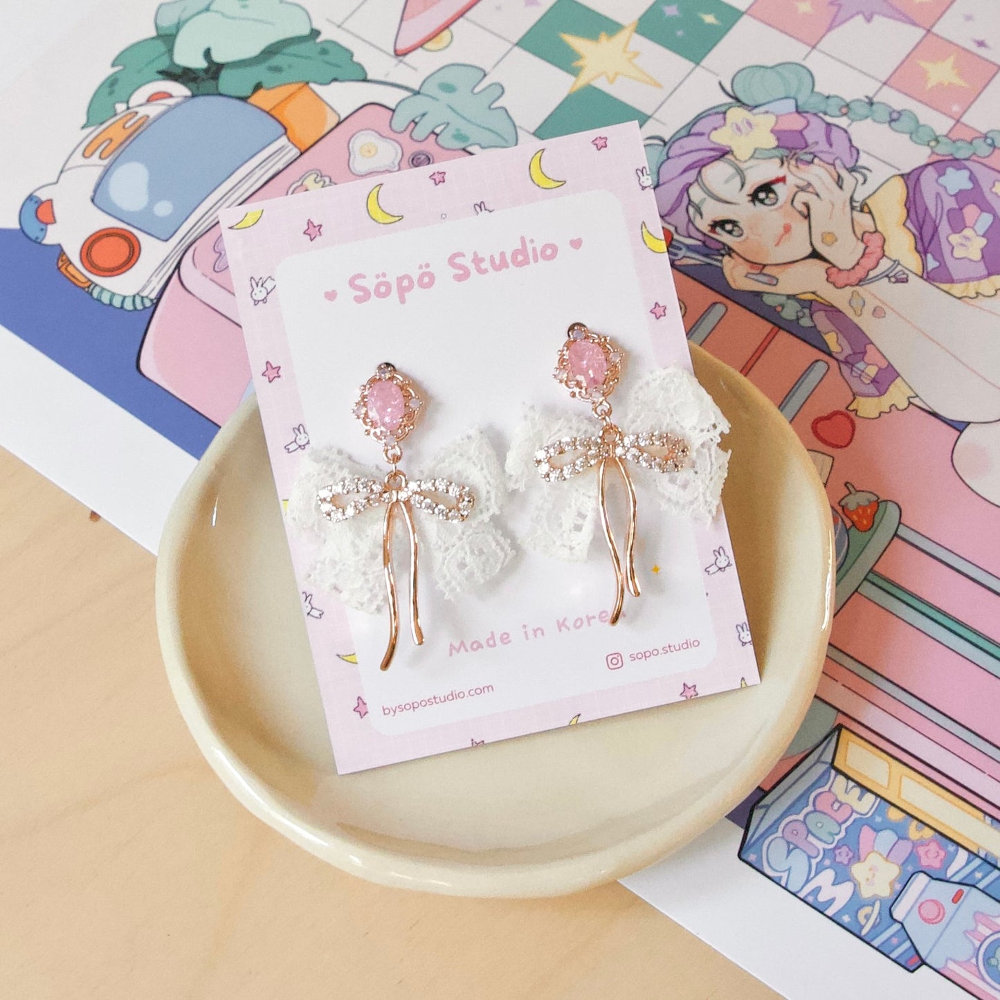 Pastel Pink Stone Laced Ribbon Dangle Korean Earrings