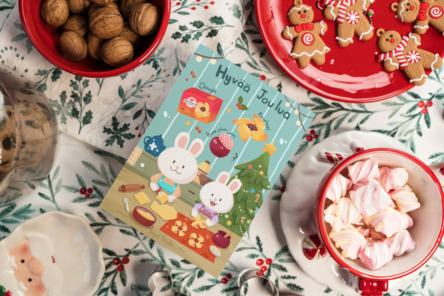 Baking Joulutorttu Pinwheel Cookie With Bunny Christmas Card - Joulukortti