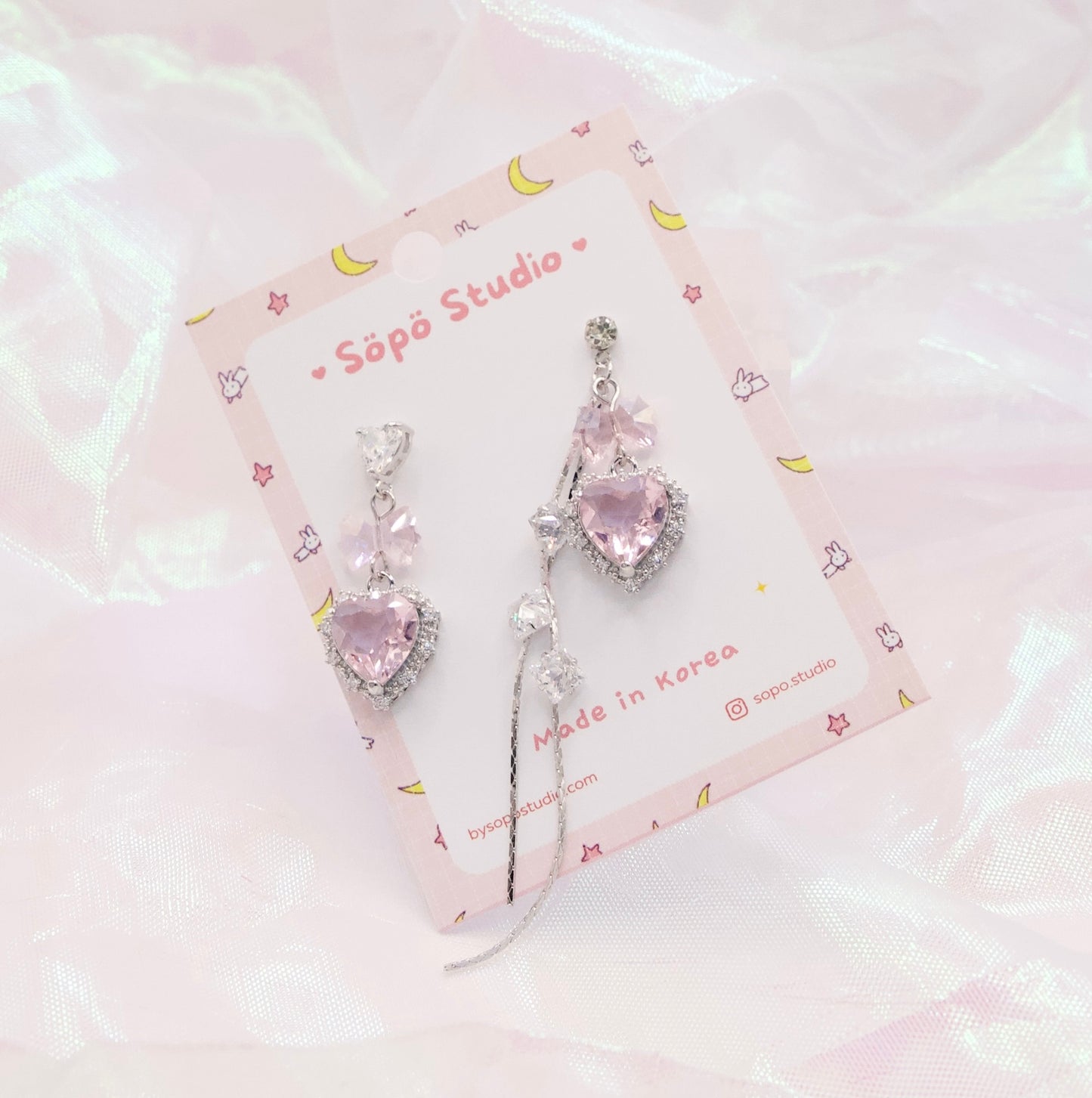 Mis-matched Heart Pink Princess Dangle Korean Earrings