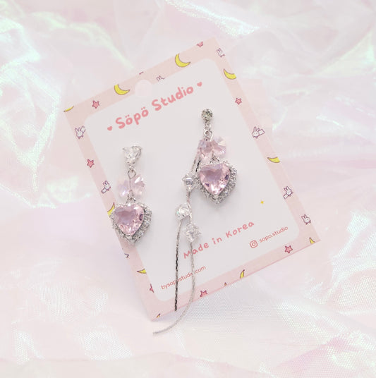 Mis-matched Heart Pink Princess Dangle Korean Earrings