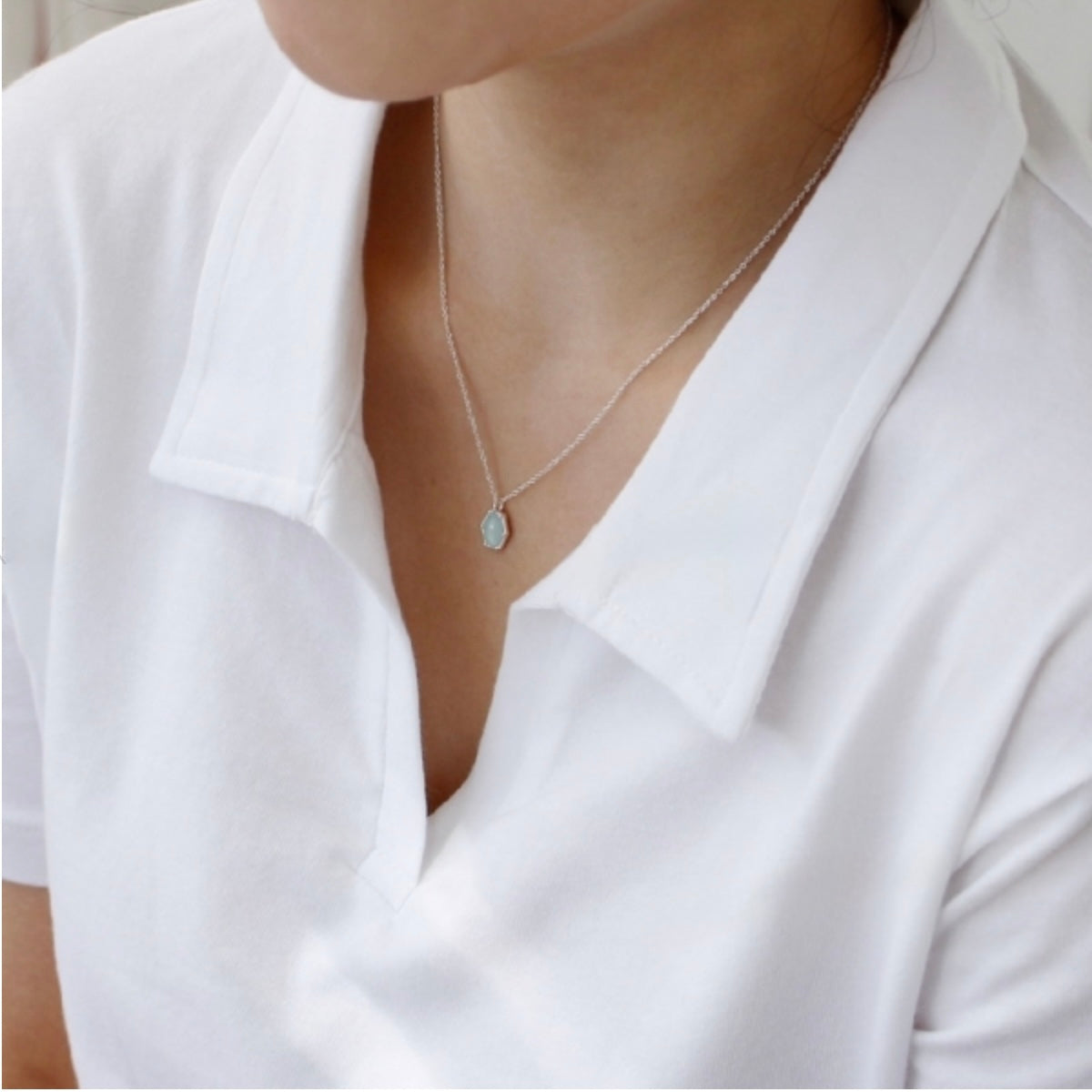 Sterling Silver Natural Stone Elegant Korean Necklace - Aquamarine/Agate Stone