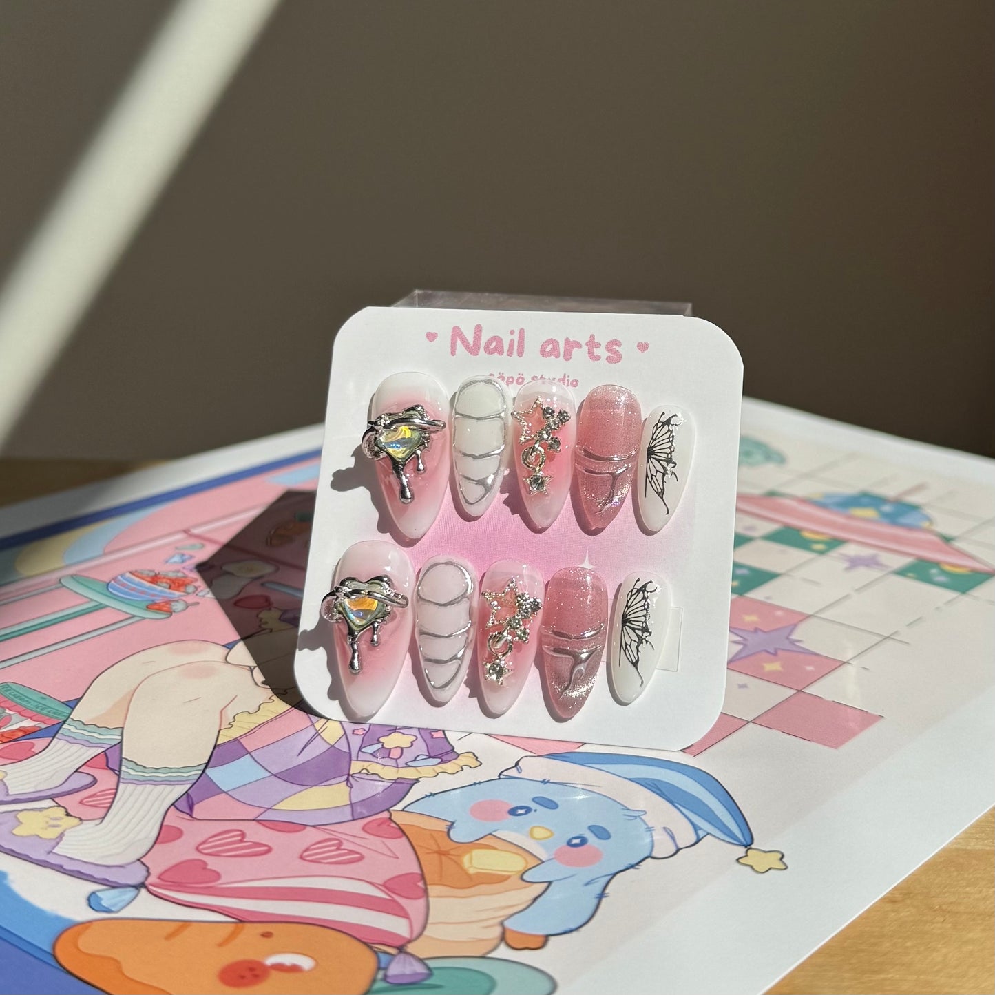 Planet Heart Pastel Pink Cute Handmade Press-on Nails