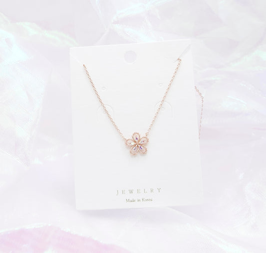 Glass Crystal Flower Pendant Necklace - Made in Korea