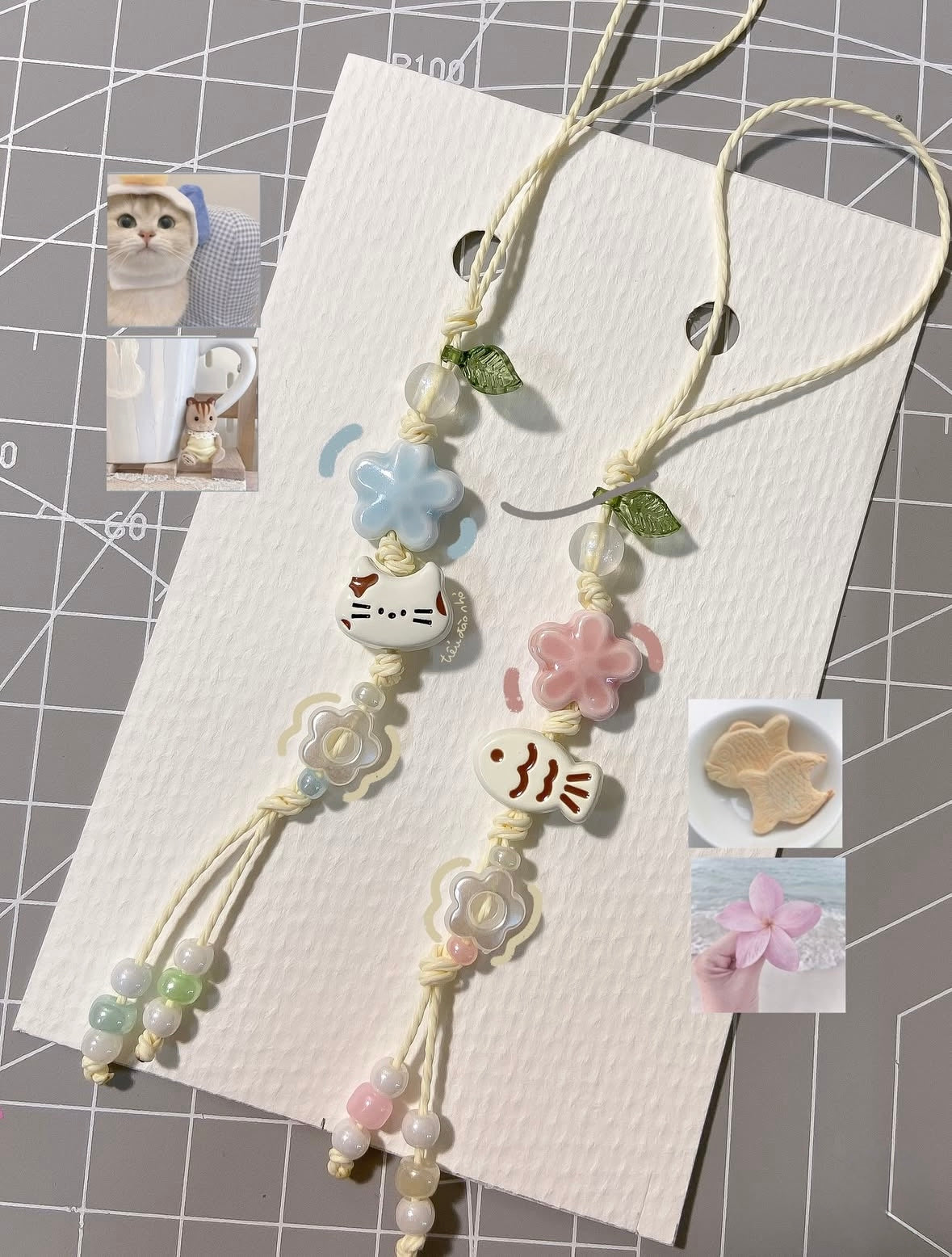 Handmade Ceramic Charm Cat/Fish Cute Phone Charm/Key ring
