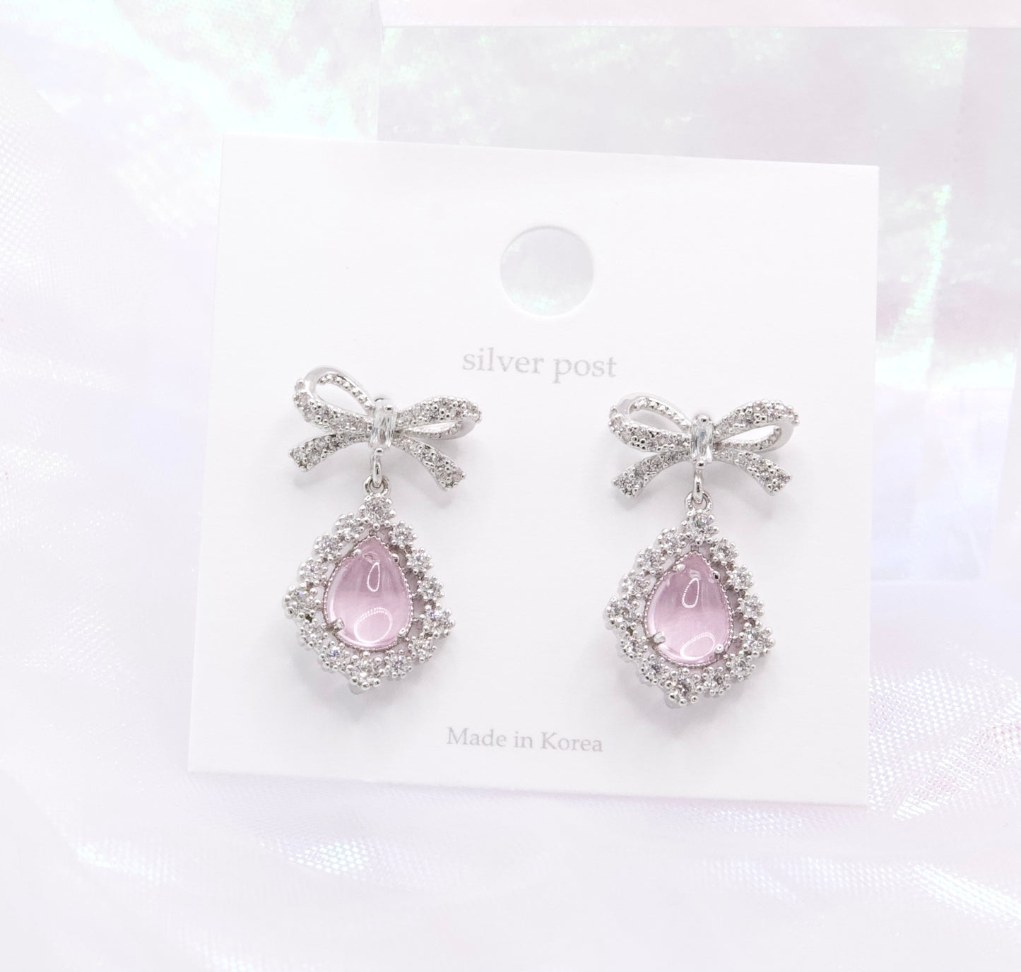 Ribbon Cute Crystal Drop Dainty Style Silver Posts Earrings - 2 Colors