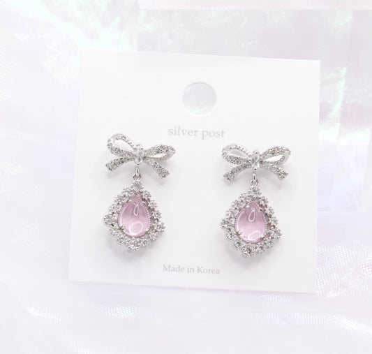 Ribbon Cute Crystal Drop Dainty Style Silver Posts Earrings - 2 Colors