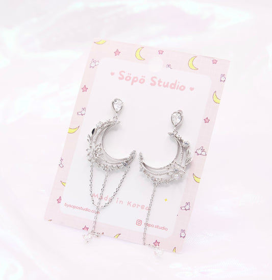 Asymmetric Crescent Moon Chained Drop Dangle Korean Dainty Style Earrings