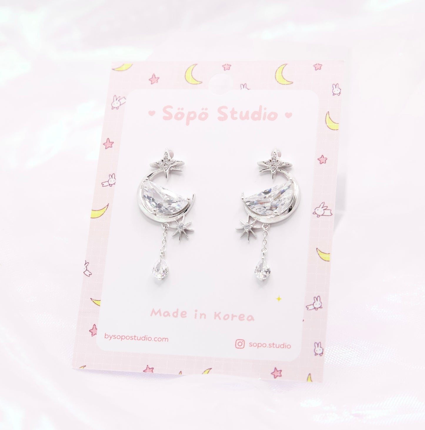 Glass Crescent Moon Planet Dangle Korean Dainty Style Earrings