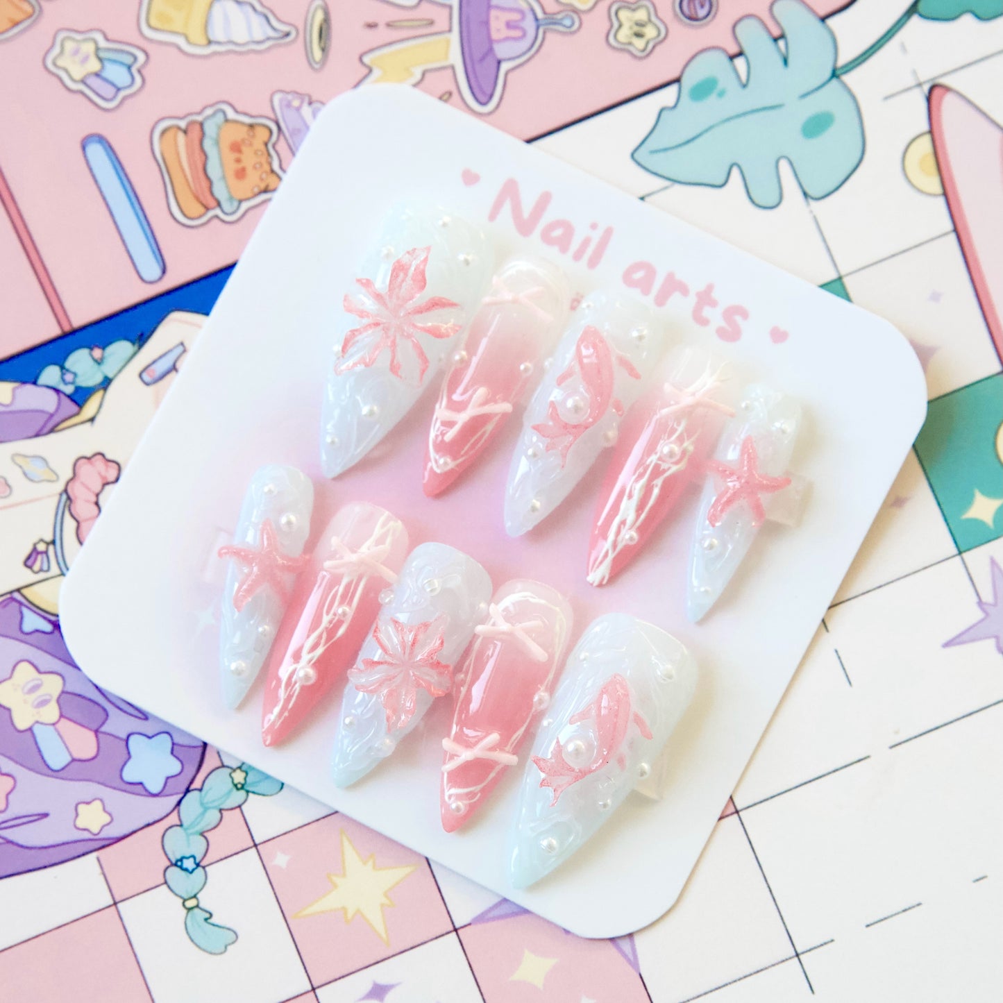 Handmade Y2K Koi Fish Blue Pink 3D Gel Oceanic Press-on Nails