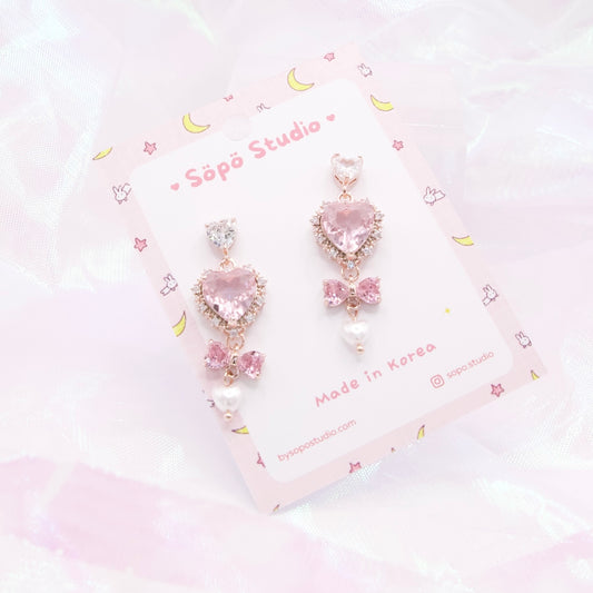 Princess Heart Pearl Drop Dangle Korean Earrings