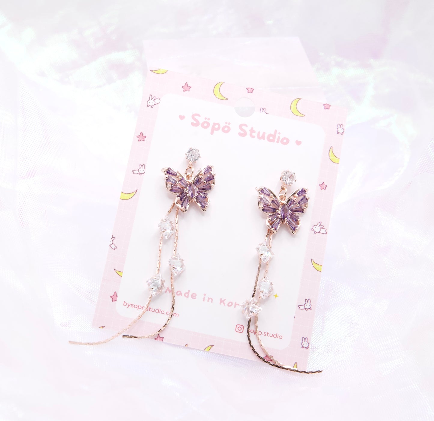 Crustal Butterfly Pink Purple Elegant Dangle Korean Earrings - 2 colors