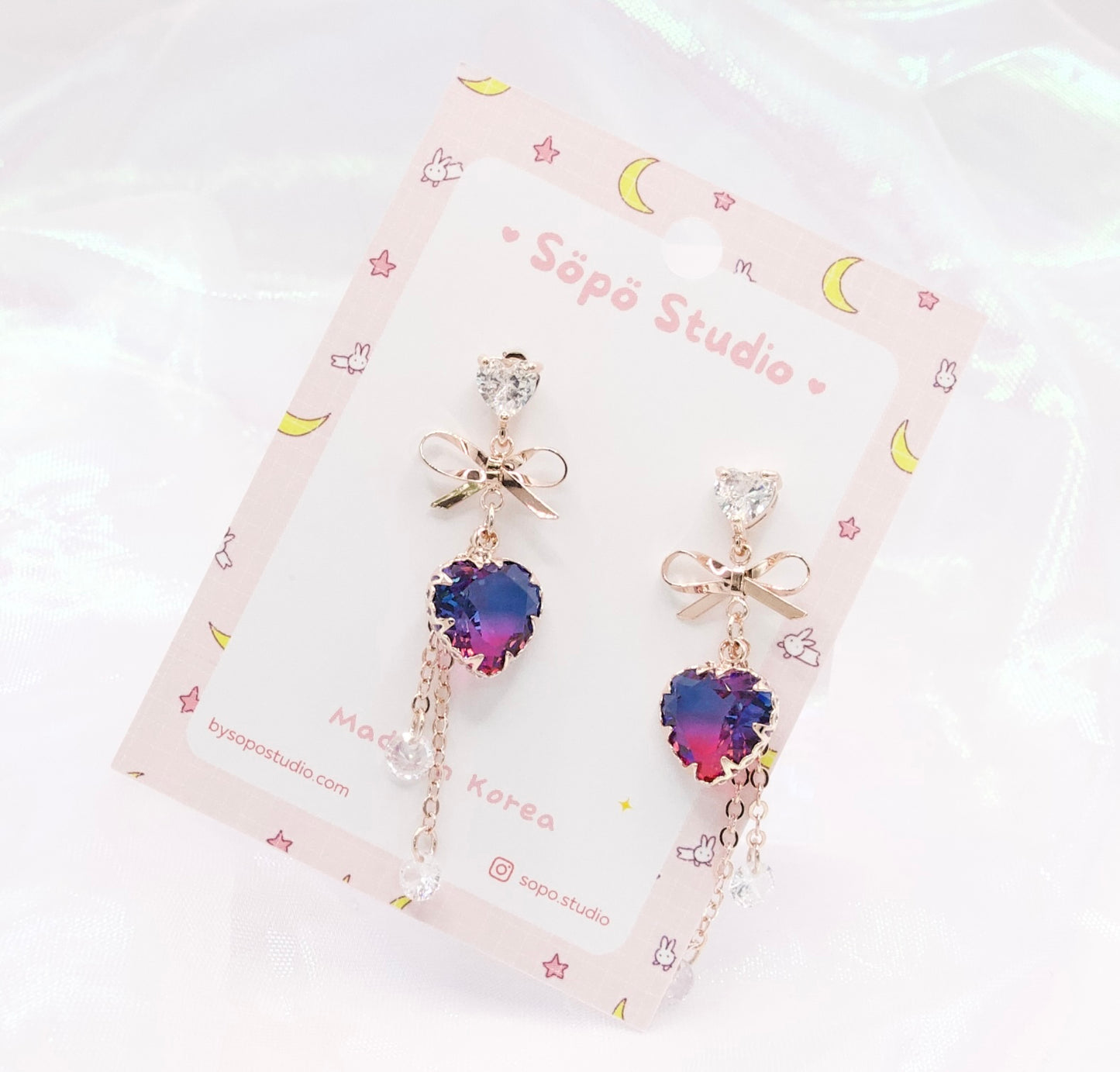 Gradient Blue Purple Heart Bow CZ Kawaii Dangle Korean Dainty Style Earrings