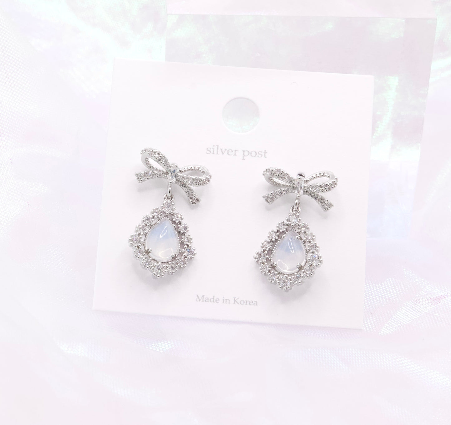 Ribbon Cute Crystal Drop Dainty Style Silver Posts Earrings - 2 Colors