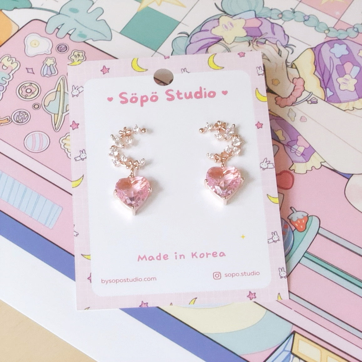 Moon Pink Heart Drop Korean Earrings