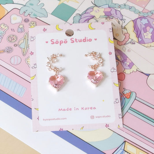 Moon Pink Heart Drop Korean Earrings