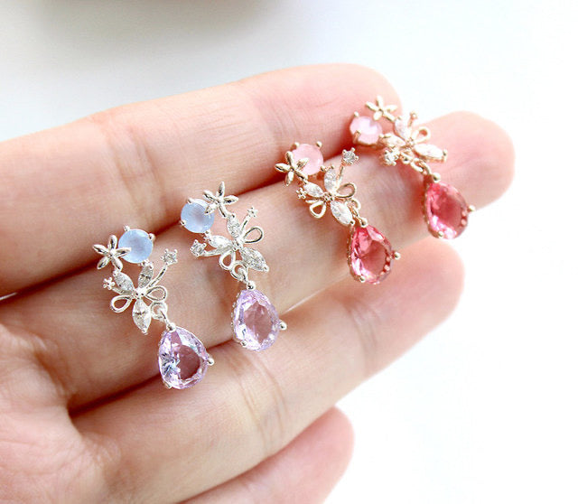 Korean Magical Flower Blossom Crystal Drop Dainty Earrings