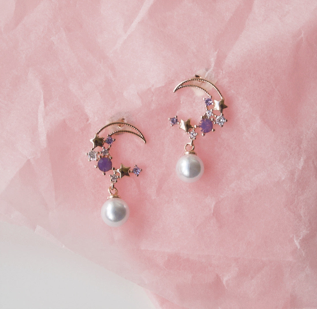 Korean Bling Romantic Moon Pearl Drop Silver Studs Earrings