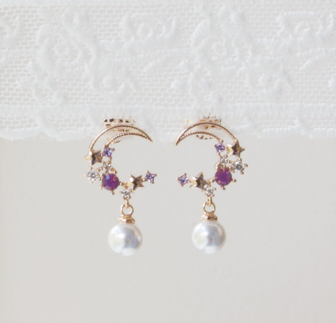 Korean Bling Romantic Moon Pearl Drop Silver Studs Earrings
