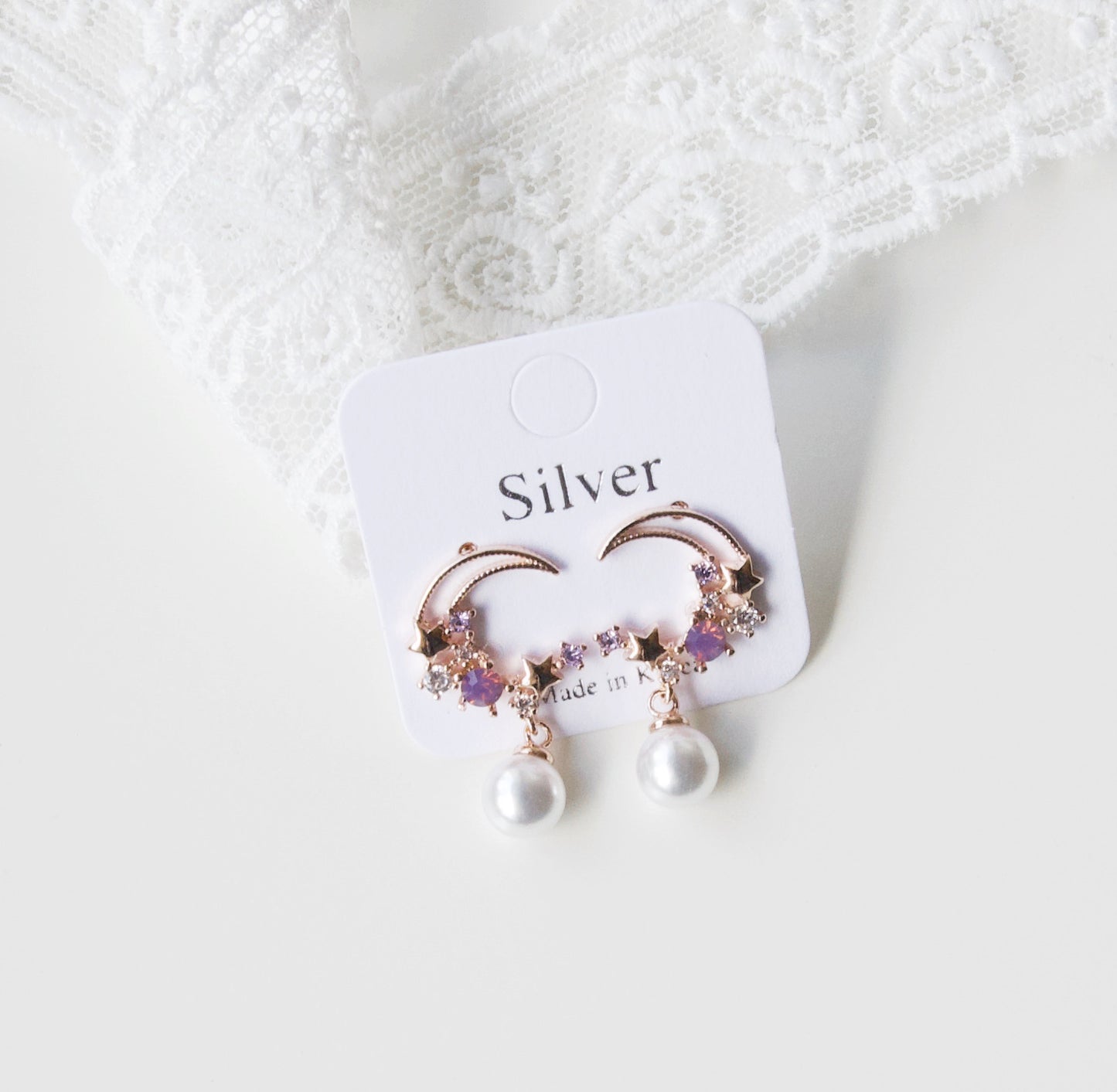 Korean Bling Romantic Moon Pearl Drop Silver Studs Earrings