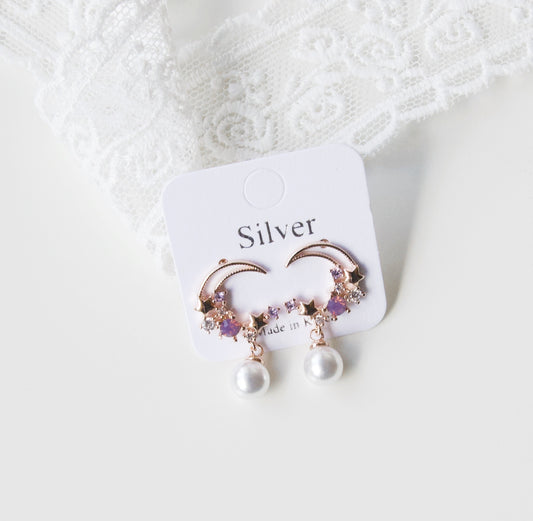 Korean Bling Romantic Moon Pearl Drop Silver Studs Earrings
