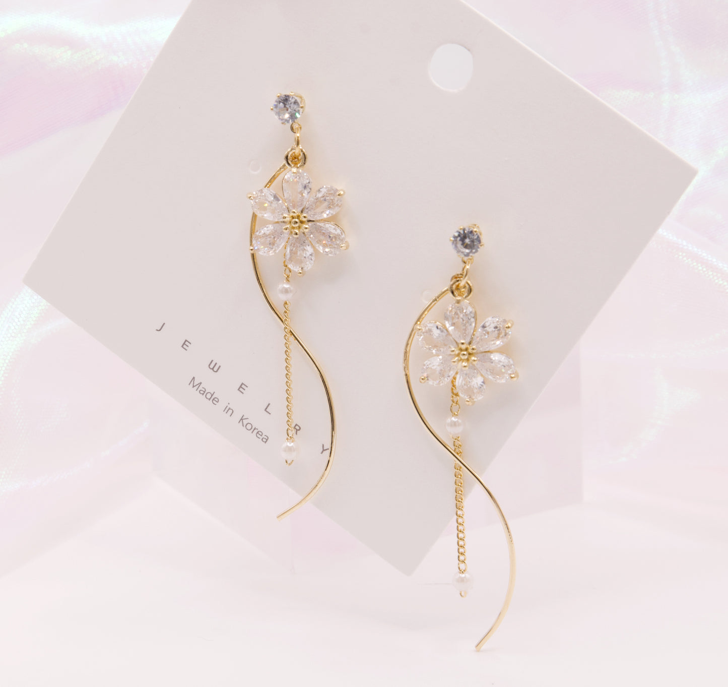 Cute Crystal Sakura Flower Wavy Dangle Earrings