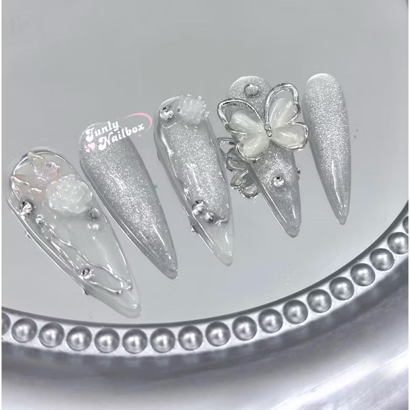Handmade Silver Glitter Butterfly Rosie Press-on Nails