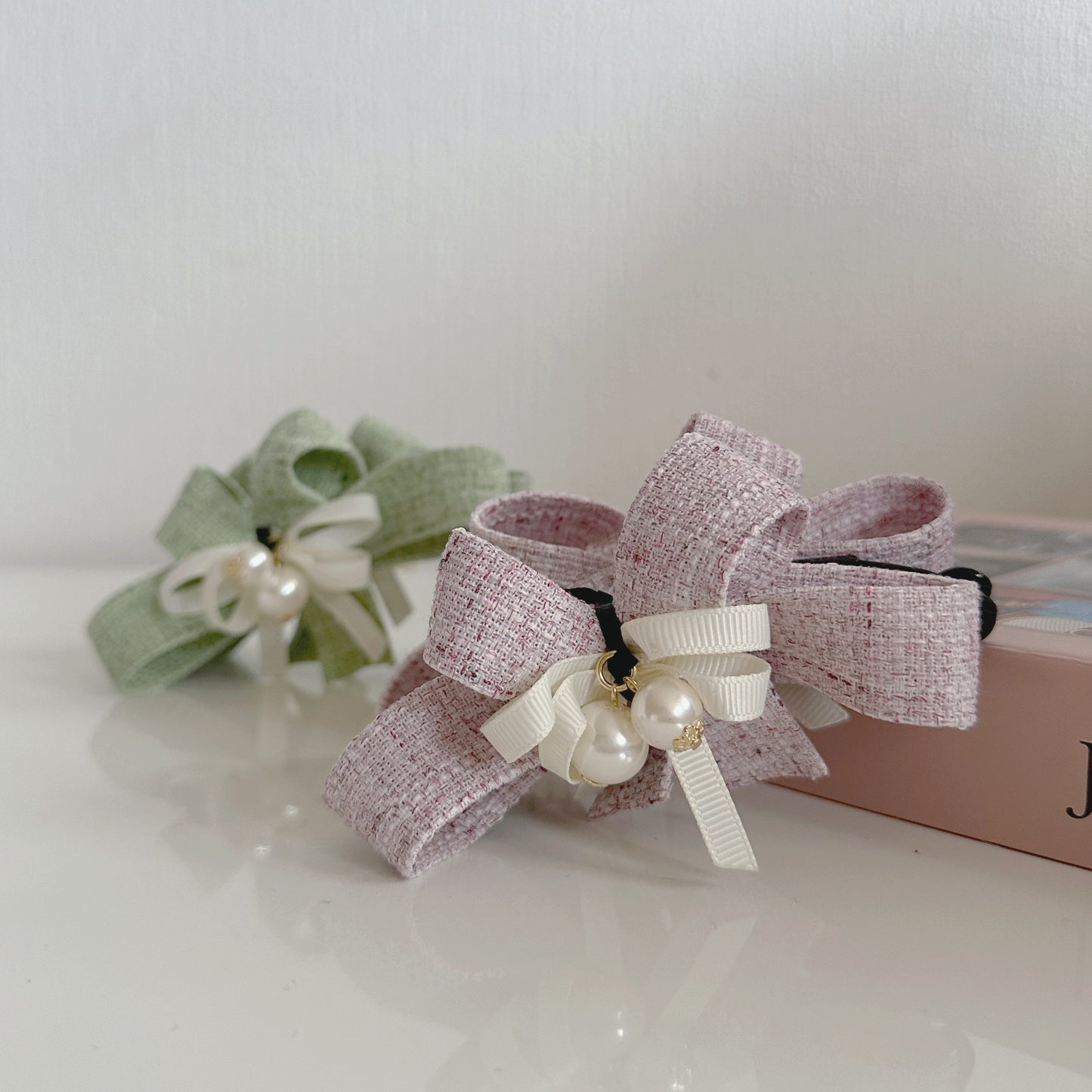 Tweed Elegant Cute Barrette Bow Pearl Drop Design Hair Clips