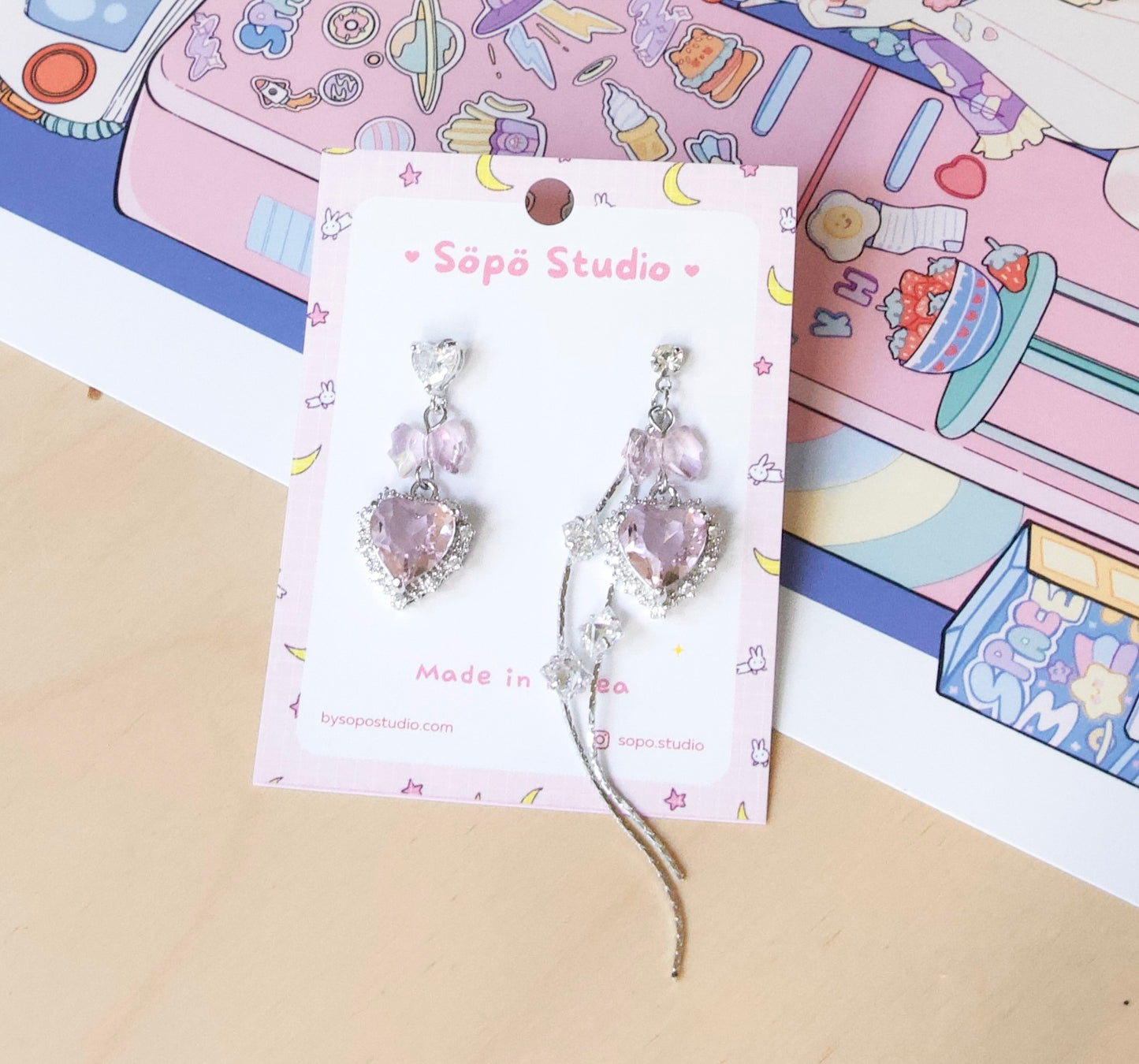 Mis-matched Heart Pink Princess Dangle Korean Earrings