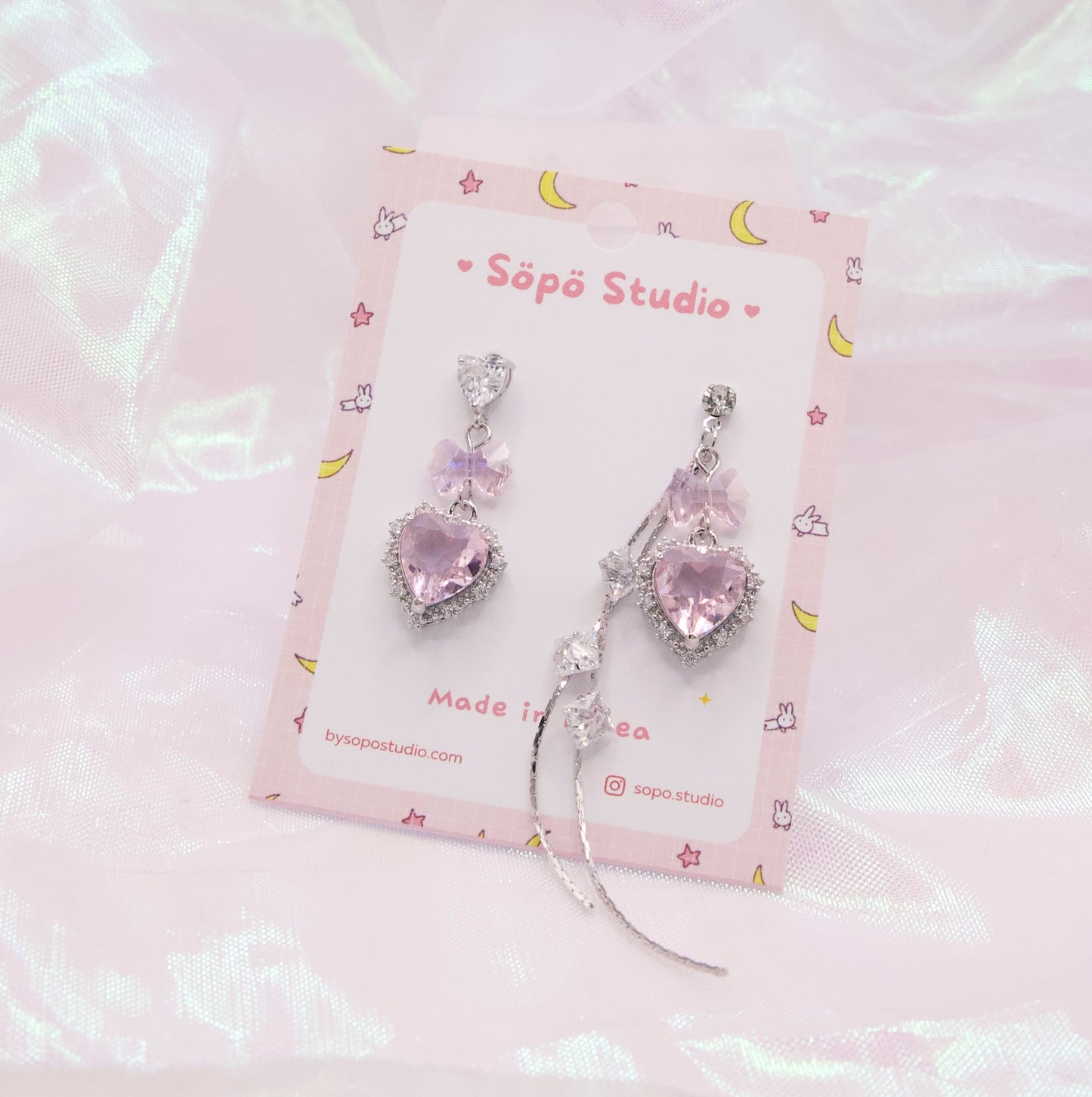 Mis-matched Heart Pink Princess Dangle Korean Earrings