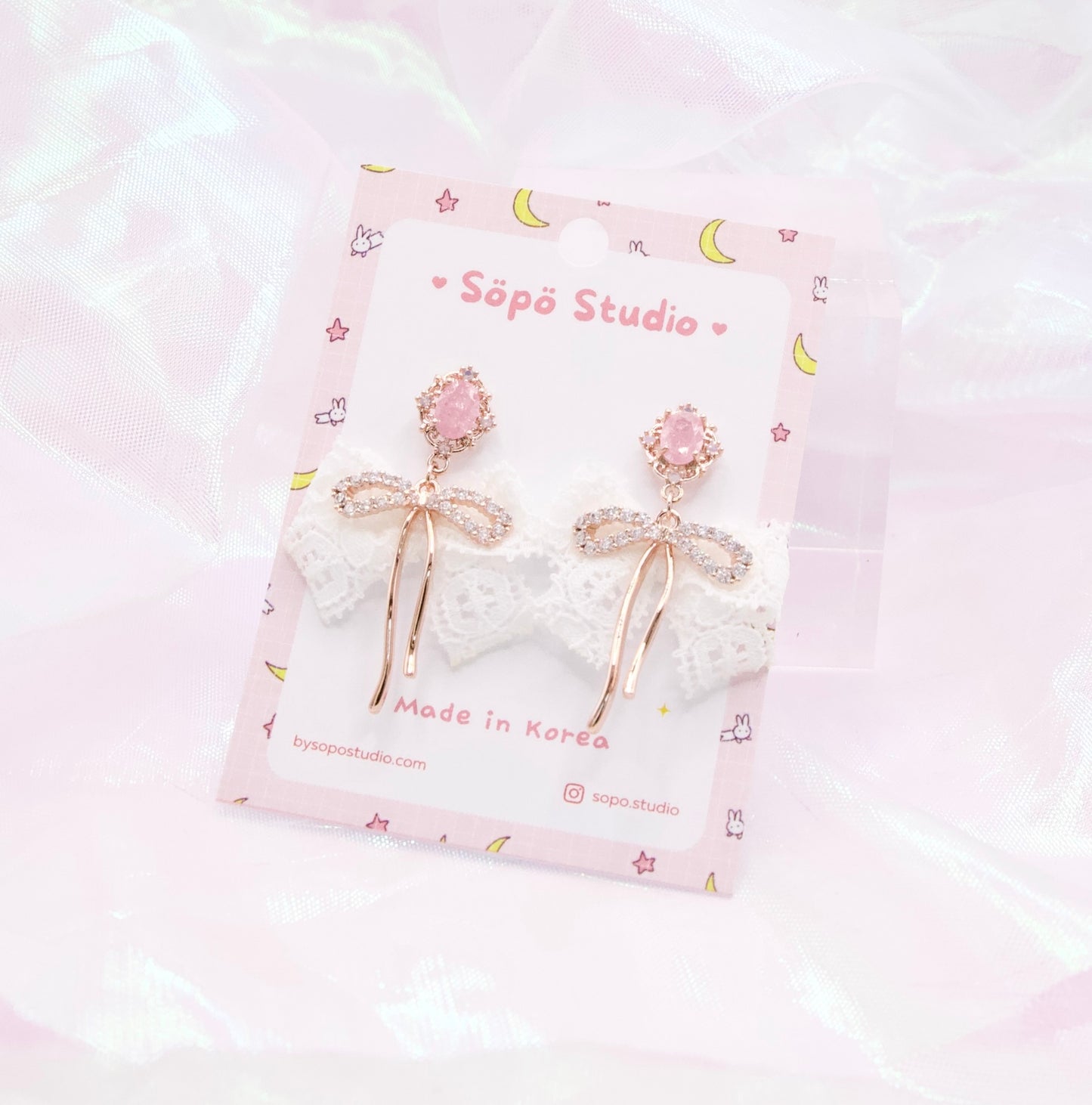 Pastel Pink Stone Laced Ribbon Dangle Korean Earrings