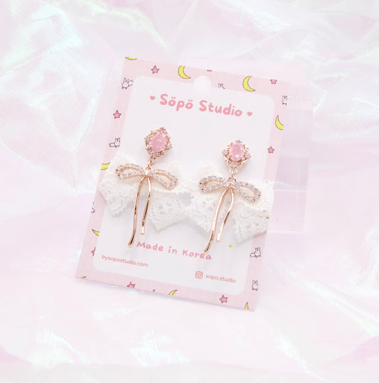 Pastel Pink Stone Laced Ribbon Dangle Korean Earrings
