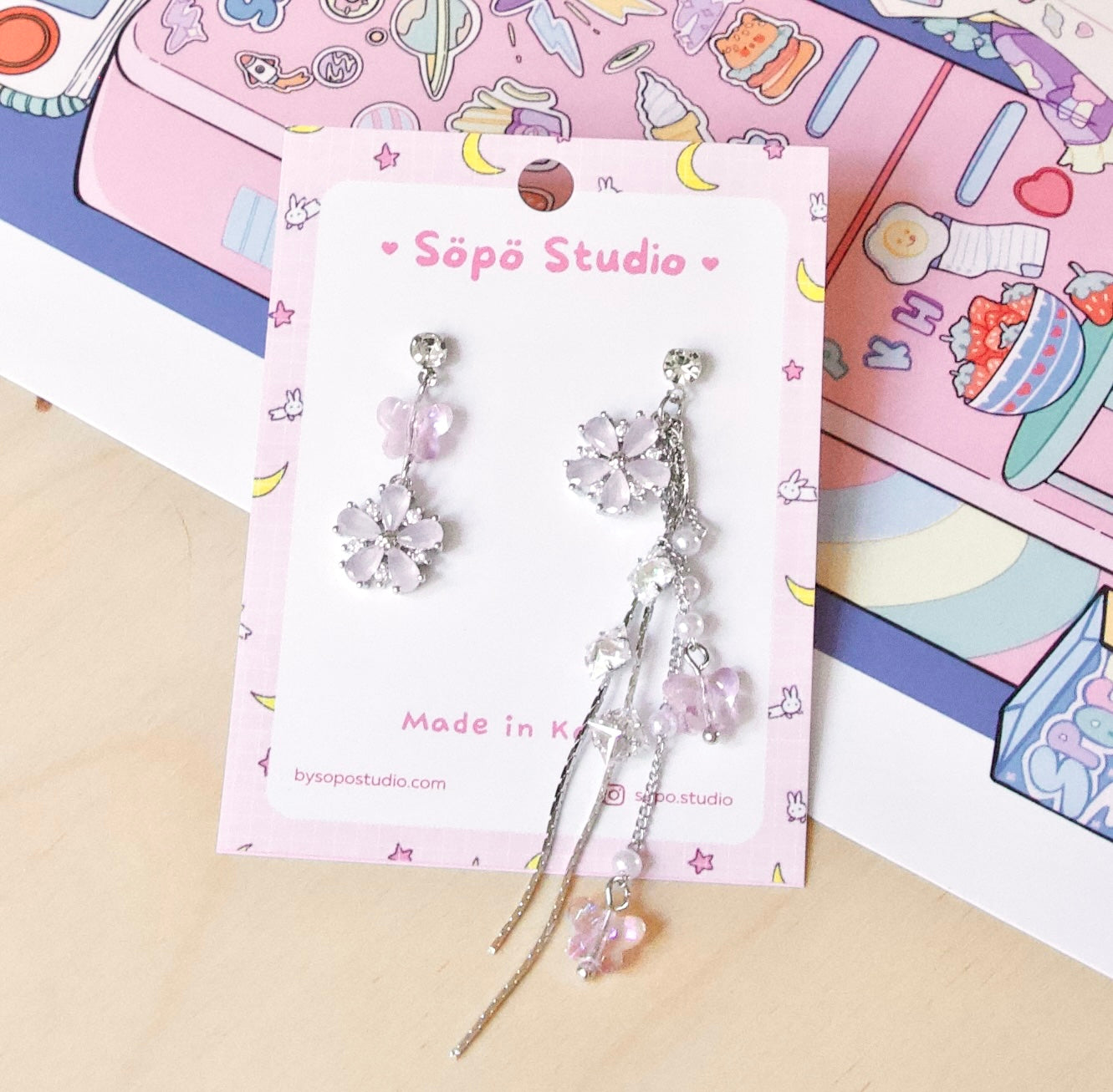 Mis-matched Floral Pink Princess Dangle Korean Earrings