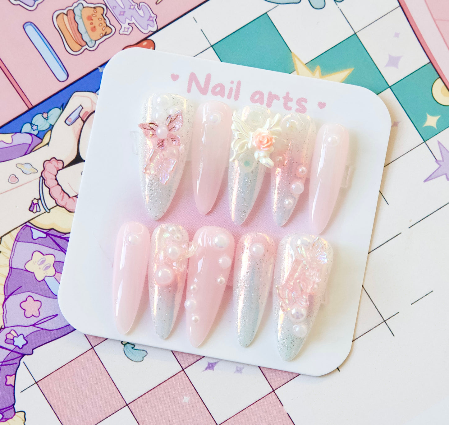 Glitter Kira Butterfly Hand Draw Handmade Press-on Nails