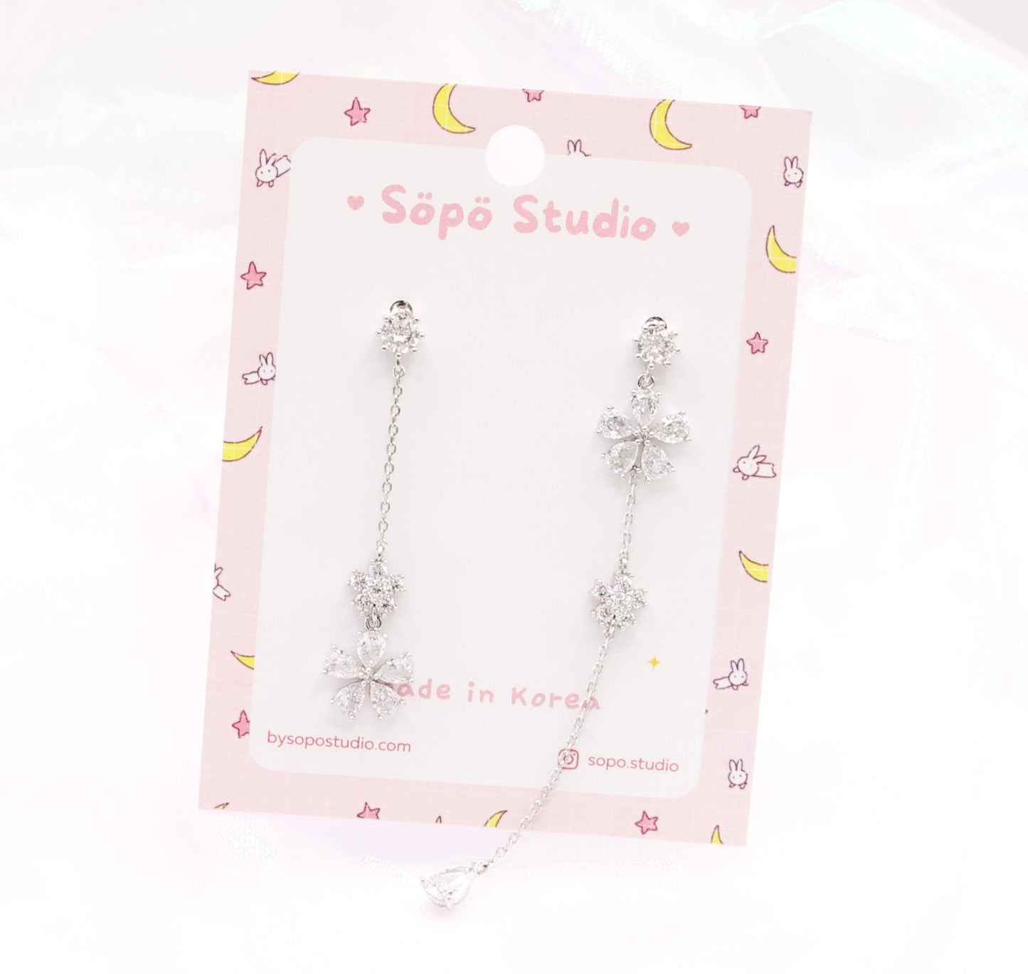 Mis-matched Crystal Floral Chain Drop Elegant Kpop Dangle Korean Dainty Style Earrings